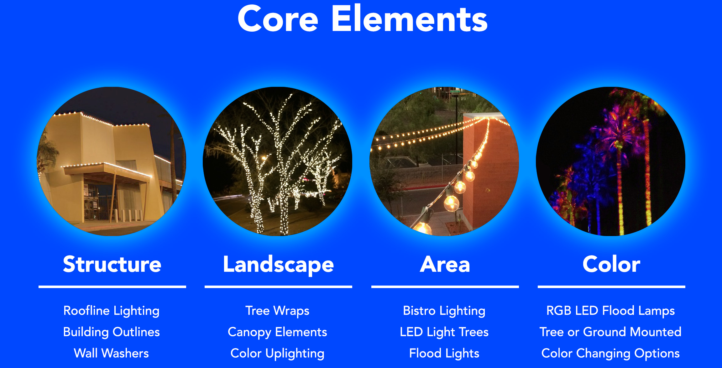 Decorative lighting for Structures, Landscaping, and Areas. Use color to enhance the ambient light and better define your look. Bistro Lights, Roofline Lighting, Color Washers, Tree Wraps, Canopy Lighting, Color Uplighting, RGB LED Flood Lamps, Tree Mounted Lighting, Color Change LED Lights